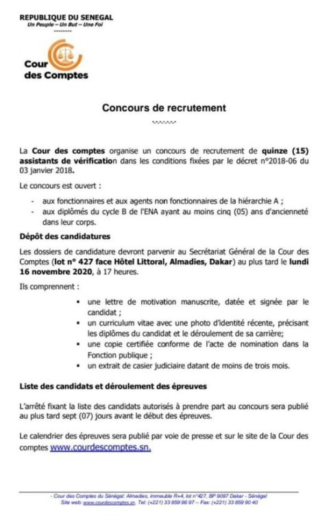 COUR DES COMPTES: RECRUTEMENT DE 15 ASSISTANTS VERIFICATEURS - COE Sénégal