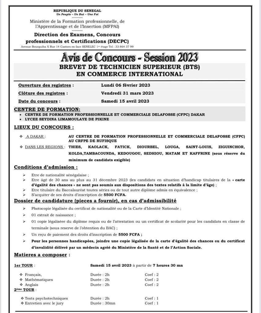 Concours brevet de technicien supérieur (BTS) en commerce international